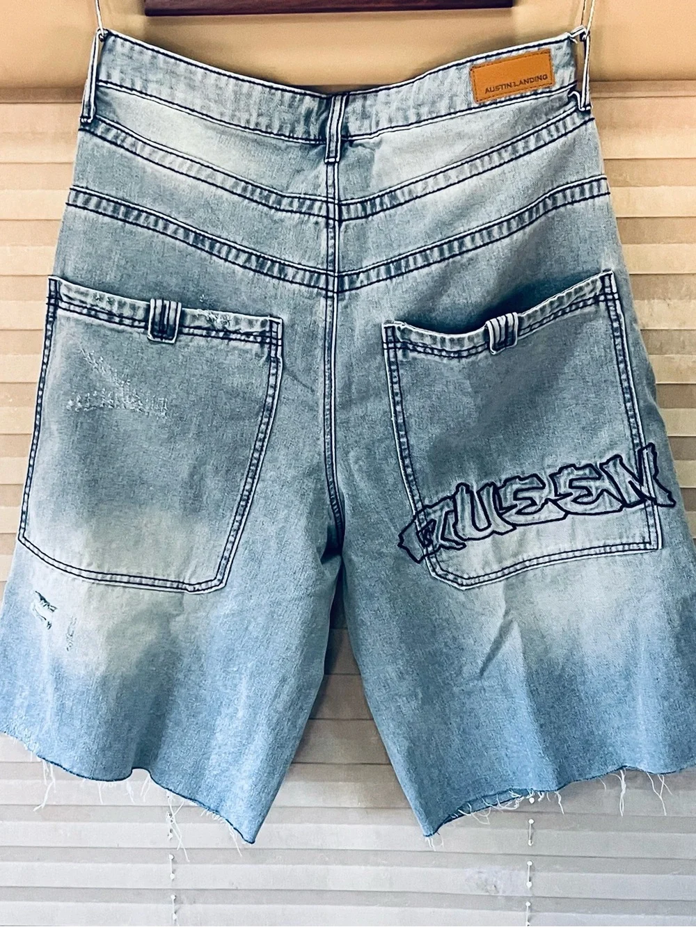 Men's Light Wash Embroidered Denim Jean Shorts